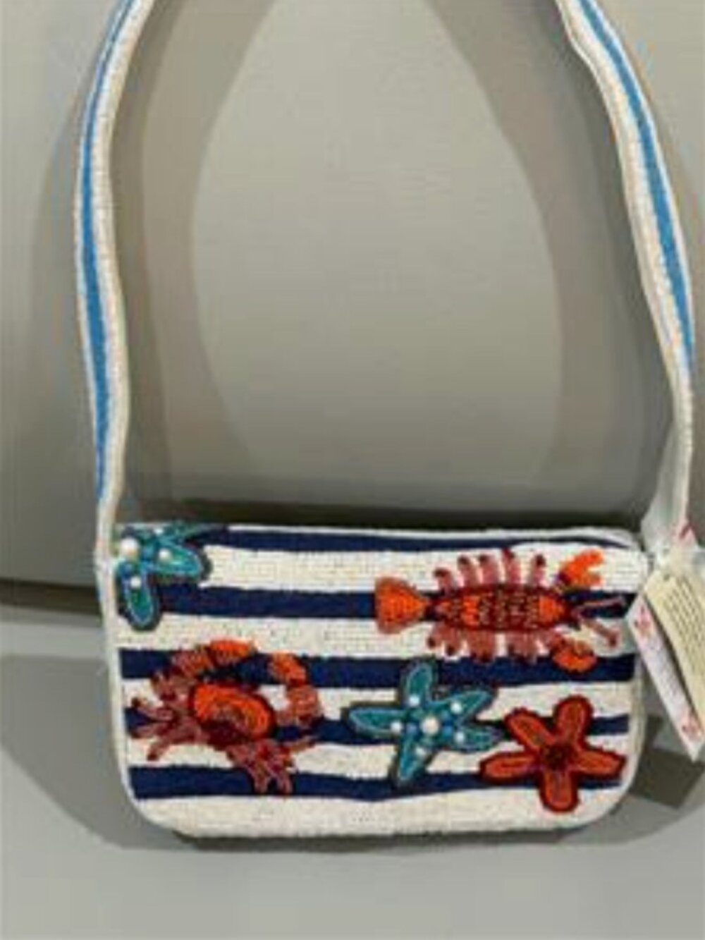 Blue Striped Nautical Crab Lobster Starfish Whale Tail Beaded Bag Made in India